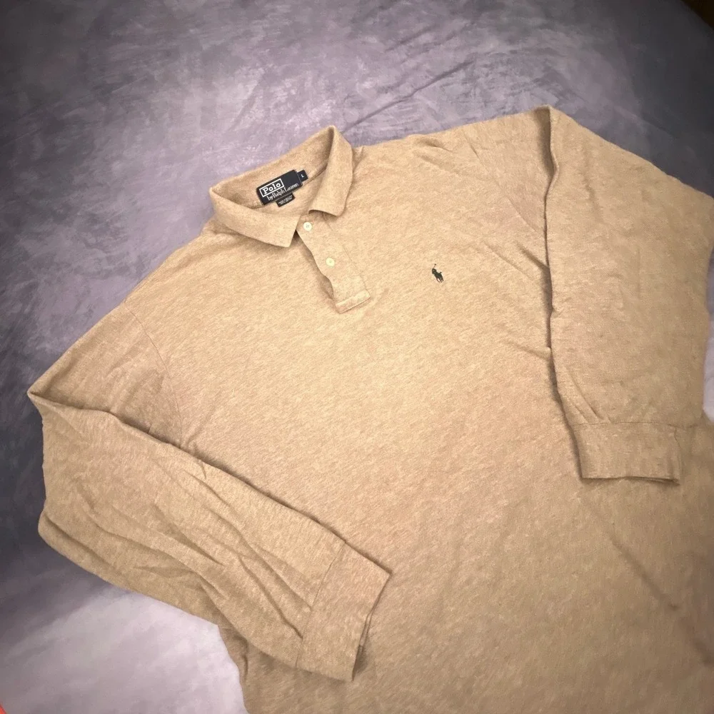 Polo Ralph Lauren Long‎ Sleeve Polo Shirt Mens L Tan Heather Pique Vintage Y2K